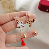 Women Japanese Sakura Flower Tassel Pendent Earrings Cute Asymmetrical Animal Dangle Drop Earrings