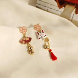 Women Japanese Sakura Flower Tassel Pendent Earrings Cute Asymmetrical Animal Dangle Drop Earrings